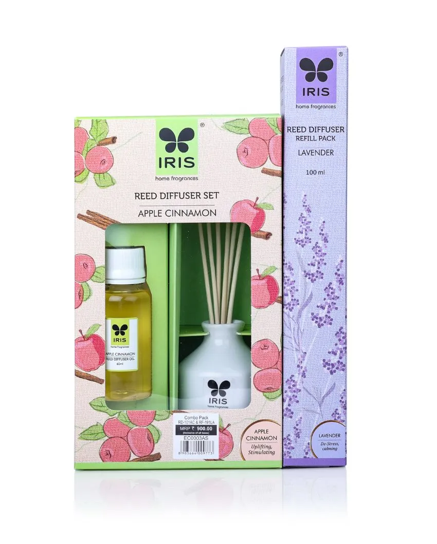 Apple Cinnamon Reed Diffuser Set With Oil Reed Sticks And Lavender Reed Diffuser Refill Pack | 60ml