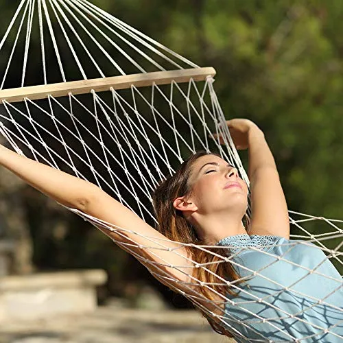 Cotton Rope Net Hammock with Wood Spreader Bar - SUMER